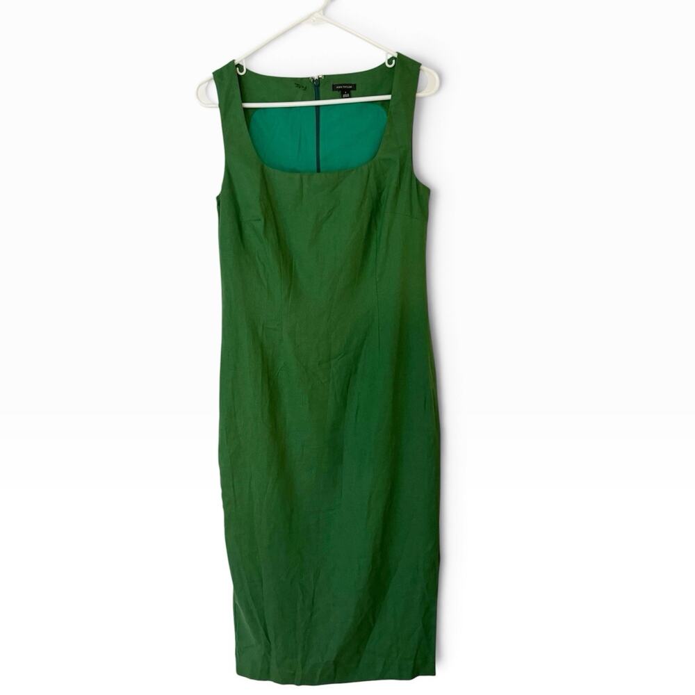 Ann Taylor Green Square Neck Linen Blend Midi Dress Size 2